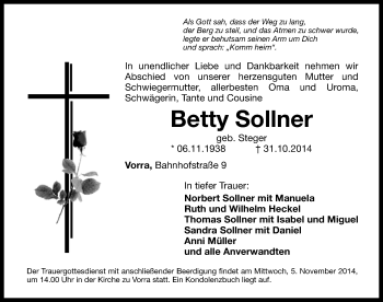 Traueranzeige von Betty Sollner von Hersbrucker Zeitung